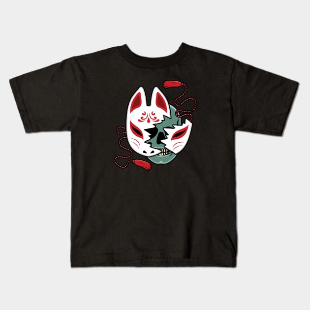 Japanese kitsune mask with skull Kids T-Shirt by Starkey Store